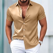  Men's Dress Shirt Satin Silk Shirt Solid Color Daily Outdoor Light Blue Black White Wine Short Sleeve Turndown Summer Spring Clothing Apparel Plain