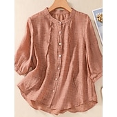Χαμηλού Κόστους Βασικά Ψεύτικα Πουκάμισα-Γυναικεία Μπλούζα Λινό από ψεύτικο βαμβάκι Κεντητό Κουμπιά Φλοράλ Στυλάτο Καθημερινό 3/4 Μήκος Μανικιού Μανδαρίνο Κολλάρο Κανονικά μπλουζάκια Καθημερινά Ανθισμένο Ροζ Βυσσινί Πορτοκαλί Χακί