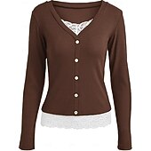 baratos Camiseta lisa-Mulheres Blusa Renda Patchwork Botões Côr Sólida Elegante à moda Casual Manga Longa Decote V Tops regulares Diário Preto Rosa Vermelho Marron Verde Primavera Outono Inverno