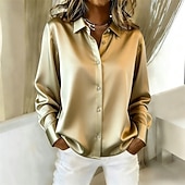ieftine Bluze elegante-Pentru femei Cămașă Elegant Top din satin Bluză Zdrobit Peteci Nasturi Culoare solidă Simplu Elegant Epocă femei Manșon Lung Guler Cămașă Topuri obișnuite Zilnic Muncă Concediu Negru Alb Șampaniu