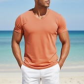 baratos Camisetas de Algodão e Linho-Homens Camiseta Camisas antiumidade Manga Curta Decote V Verão Primavera Tecido Esportes Básico Casual Estilo Clássico Puro Casual Branco Azul Claro Preto Top Tee para Homens