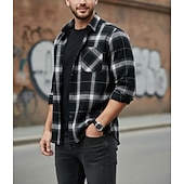cheap Men's Shirt Jacket-Men's Shirt Flannel Shirt Plaid Shirt Button Up Shirt Overshirt Plaid / Check Outdoor Daily Wear Blue Black Red Gray Long Sleeve Lapel Spring &amp;  Fall Clothing Apparel