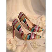 cheap Classic Pumps-Women's Multicolor Rhinestone High Heels - Sparkling Striped Pointed Toe Pumps for Parties, Celebrations, and Special Events