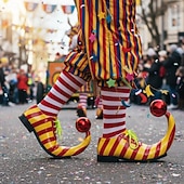abordables Zapatos de hombre-Zapatos de payaso a rayas de Mardi Gras para hombres rojos y amarillos punta puntiaguda con tacón curvado divertido ajuste cómodo perfectos para carnaval y disfraces de payaso