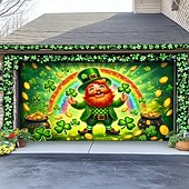 levne Prázdninové gobelíny-Nástěnná malba garážových dveří na Den svatého Patrika, radostný skřítek s duhou, jetel &amp;Hrnec zlata, slavnostní venkovní dekorace pro oslavu Dne svatého Patrika.