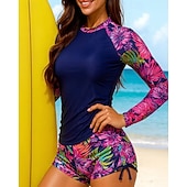 Χαμηλού Κόστους Rash Guards One Pieces-Γυναικεία Προστατευτικά Μαγιό με φλοράλ print Μαγιό Τροπικό Ρυτιδωμένη πλευρά Προστασία UV Ελαστικό Μακρυμάνικο Μαγιό Σέρφινγκ Παραλία Κολύμβηση Καλοκαίρι