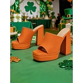  Sapatos mule de plataforma verdes femininos, sapatos de festa de cetim com bico aberto para o Dia de São Patrício.