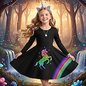  Flickor 3D Grafisk Regnbåge Enhörnings Klänning Långärmad 3D-tryck Vår Höst Prestanda Semester Fest Ledigt Prinsessa Skön Barn 4-12 år Vardagsklänning A linjeklänning Knälång Normal