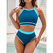 levne Sady bikin-Dámské bikini dvoudílné plavky barevné bloky slipové štíhlé bez zad dovolená plážové oblečení pruhovaný halterneck bez rukávů