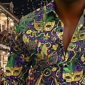 זול דפוס אתני-קרנבל בגדי ריקוד גברים גראפי מסכה עם נוצות חולצה חולצה עם כפתורים חולצת חוף שרוול ארוך הוואי יום יומי נוח חופשה חגים מארדי גרא קיץ אביב צווארון מתקפל מדפיס סגול