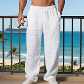 cheap Holiday-Men's Linen Pants Trousers Summer Pants Baggy Pants Beach Pants Drawstring Elastic Waist Solid Color Comfort Breathable Daily Outdoor Beach Vacation Fashion Light Khaki Black Inelastic
