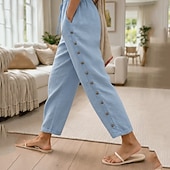 abordables Fondi-Women's Summer Pants 100% Cotton Pants Trousers Vacation Streetwear Casual Full Length Medium Waist Solid Color Drawstring Pocket Side Button Comfortable Breathable Inelastic Daily Outdoor Street