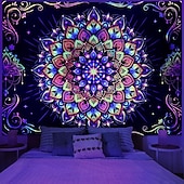 halpa Blacklight -kuvakudokset-mustavaloinen mandala-gobeliini, uv-reaktiivinen psykedeelinen neongobeliini, hippi-intialainen boheemi seinävaate, esteettiset kukkakuvioiset seinävaatteet makuuhuoneeseen