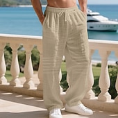 cheap Holiday-Men's Linen Pants Trousers Summer Pants Baggy Pants Beach Pants Drawstring Elastic Waist Solid Color Comfort Breathable Daily Outdoor Beach Vacation Fashion Light Khaki Black Inelastic