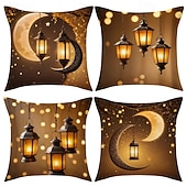 cheap Throw Pillows,Inserts &amp; Covers-Ramadan Eid Throw Pillow Cover, Gold Print Lantern &amp; Oil Lamp, Middle Eastern Festival Decor, Sofa Cushion for Living Room and Prayer Room, Seat Pillow
