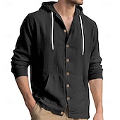 cheap Classic-Men's Shirt Linen Shirt Summer Shirt Beach Wear Hooded Shirt Solid Color Vacation Street Black White Yellow Navy Blue Long Sleeve Shirt Collar Summer Spring Clothing Apparel Pocket