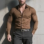 preiswerte Bügelfreie Herrenhemden-Herren Hemd Kleidhemd Knopfhemd Einfach Täglich Geschäft Schwarz Weiß Wein Marineblau Langarm Umlegekragen Ganzjahres Bekleidung Patchwork