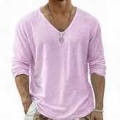 Недорогие Хлопковые Льняные Футболки-Муж. Футболка Футболка из льна Длинный рукав V-образный вырез Лето Весна Весна лето Сплошной цвет Полотняное плетение Повседневные На каждый день Уличный стиль Гладкая ткань