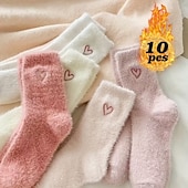 ieftine Evenimente de evenimente și petreceri-5 perechi de sosete din fleece coralin femei – sosete calde groase până la jumătatea gambei pentru iarnă cu broderie în formă de inimă sosete confortabile pentru acasă alegere de cadou pentru vreme