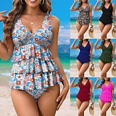 billige Surfing Tankinis og Bikinier-Dame Badedrakt med blomstertrykk To stykke badedrakt Blomstret Ensfarget Tropisk V-hals Midjekontroll Elastisk Ermeløs Badetøy Surfing Strand Ferie Sommer