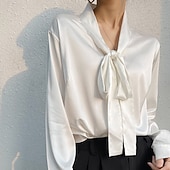 Недорогие Нарядные блузки-Жен. Рубашка Elegant Атласный верх Шелковая рубашка Пуговицы Сплошной цвет Элегантный стиль Стиль Длинный рукав V-образный вырез Обычные топы Повседневные Офис Праздники