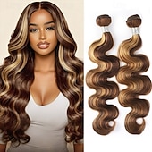 baratos 2 pacotes de fios de cabelo humano-2 pacotes de cabelo humano com mechas p4/27, ondulado, de 30 a 70 cm (12 a 28 polegadas).