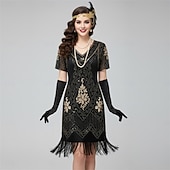 abordables Vestidos de los años 20-Set Roaring 20s 1920s Flapper Dress Cocktail Dress with Accessories The Great Gatsby Flapper Girl Sequins Tassel Fringe Tassel Fringe Sequins Fancy Dress Women's Fancy Dress New Year speakeasy Retro