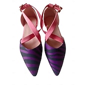 voordelige Damesschoenen-Vrouwen Mardi Gras Gestreepte Gespte Ballerina's met Roze Kruisband Detail – Dappere Retro Stijl Comfortabel voor Carnaval Feesten en Casual Wear