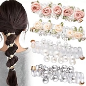 זול מתנות-4 יחידות קשרי שיער ספירליים עשויים פנינים מלאכותיות עם רצועת טלפון, כלי צמה בסגנון יפני ליצירת קוקו גבוה, קשר שיער ספירלי מעוטר פנינים לבני נוער ומבוגרים