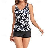 Χαμηλού Κόστους Surfing Tankinis και Bikinis-Γυναικεία Μαγιό Τανκίνι Δύο Κομμάτι Μαγιό Φλοράλ Τροπικό Έλεγχος κοιλιάς Ελαστικό Αμάνικο Μαγιό Σέρφινγκ Παραλία Διακοπές Καλοκαίρι