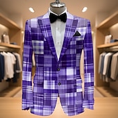 cheap Men's Printed Blazers-Men's Plaid Blazer Jacket Coat Fashion Comfortable Breathable Artistic Casual Daily Party Evening Wear Pocket 3D Print Buttons All Seasons Notch Long Sleeve Blue Purple Green