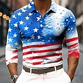 4th of July 2026 250th Men's American US Flag Polo Long Sleeve Polo Shirts Lapel Casual Street Athleisure Daily Wear 3D Print Buttons Spring Fall Winter Blue Blue 1