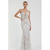  Strand Trouwen Strand Open Rug Sexy Boho Trouwen Jurken Zeemeermin V Hals Mouwloos Court Train Kanten Bruidsjurken Met Applicaties