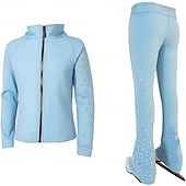 preiswerte Eiskunstlauf Trainingsoutfit-Eiskunstlaufjacke mit Hose, Damen- und Mädchen-Eiskunstlaufbekleidung, schwarz, dehnbar, Trainings- und Wettkampfbekleidung, wärmend, mit Kristall-/Strasssteinen besetzt, langärmlig, Eiskunstlauf