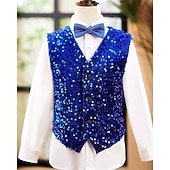 cheap Ring Bearer Suits &amp; Outfits-Ring Bearer Suit Boys' Kids Suit Blazer &amp; Vest &amp; Pants &amp; Shirt &amp; Tie Boy's Formal Suit Casual Outdoor Party Fashion Cool Basic Solid Color Sequins Pocket Buttons Royal Blue Polyester