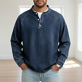 billiga grundläggande t-shirts-SoftFade™ Herrs T Skjorta Henley Skjorta Denim Skjorta 100% Bomull Syra Tvättad Skjorta Tee Topp Lång Ärmd Enkel Vintage Streetwear Avslappnad Färgad Tvättad Raglanärmar Stående Krage Henley Sport