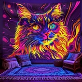 levne Tapiserie Blacklight-závěsná tapiserie s černým světlem a psychedelickým motivem kočky, ideální pro psychedelickou výzdobu pokoje, neonové umění na zeď do koleje nebo obývacího pokoje