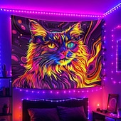 levne Tapiserie Blacklight-závěsná tapiserie s černým světlem a psychedelickým motivem kočky, ideální pro psychedelickou výzdobu pokoje, neonové umění na zeď do koleje nebo obývacího pokoje