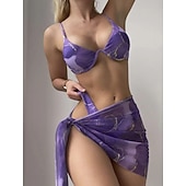 billiga Bikiniset i 3 delar-Kvinnors bikini simdräkt Klänning Skirt Slim Baklös Semester Strandkläder Blommig Tie Dye V-hals Ärm lös Baddräkt