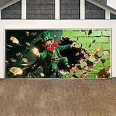 cheap Holiday Tapestries-St Patrick's Day Garage Door Cover, Green Four-Leaf Clover &amp; Gold Coin Design, Festive Holiday Wall Banner, St. Patrick's Day Party Decoration for Garage or Home.