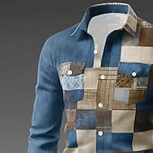 voordelige Geometrisch patroon-Voor heren Geometrisch Kleurenblok Lapwerk Overhemd Overhemd met knopen Lange mouw Mode-casual Buiten Dagelijks gebruik Lente Herfst Strijkijzer Twee zakken aan de voorkant Linnenachtig shirt blauw
