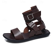 ieftine sandală de rochie-Sandale gladiator maro pentru bărbați, cu cataramă reglabilă și vârf deschis, încălțăminte de vară confortabilă, pentru călătorii în vacanță, ținute de resort, agrement pe plajă și stil casual în aer liber