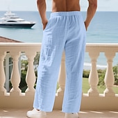 cheap Holiday-Men's Linen Pants Trousers Summer Pants Baggy Pants Beach Pants Drawstring Elastic Waist Solid Color Comfort Breathable Daily Outdoor Beach Vacation Fashion Light Khaki Black Inelastic