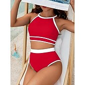 levne Sady bikin-Dámské bikini dvoudílné plavky barevné bloky slipové štíhlé bez zad dovolená plážové oblečení pruhovaný halterneck bez rukávů