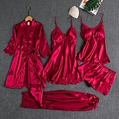 voordelige Slaaptops en -broeken voor dames-Dames Loungewear Pyjamaset Modieus Casual Zacht Heldere kleur Lapwerk Pantalon Jurken Korte broek Huis Vakantie Lange mouw V-hals Zwart Champagne Blozend Roze Wijn Donkerblauw Zomer Lente Herfst