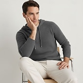 Недорогие Мужской шерстяной свитер-мужской свитер из чистой шерсти премиум-класса, кашемир, классический трикотажный свитер с капюшоном и завязками, мягкий, теплый, дышащий