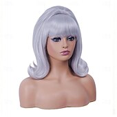 cheap Historical Wigs-Vintage Short Wavy White Silver Wig with Bang Retro Bouffant Beehive Wigs fits 80s Costume or Halloween Party