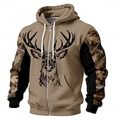 cheap Hunting Hoodies-Men Zip Up Hoodie Deer Head Line Art Graphic Camouflage Sleeves Tactical Hunting Sweatshirt Army Green Outdoor Jacket Clothing Apparel S M L XL XXL XXXL