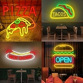 abordables Luces decorativas-Lámpara de neón para pizza, hamburguesa, taco, catering, comida rápida, colgante de pared, luz decorativa de ambiente con alimentación USB, luz de pared regulable.