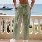 cheap Holiday-Men's Linen Pants Trousers Summer Pants Baggy Pants Beach Pants Drawstring Elastic Waist Solid Color Comfort Breathable Daily Outdoor Beach Vacation Fashion Light Khaki Black Inelastic